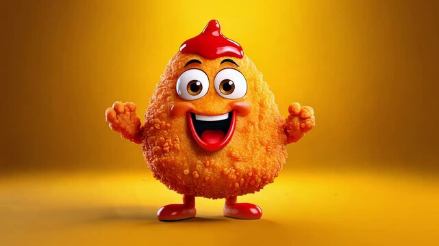Cute Cartoon Chicken Nugget with Big Eyes Dancing on a Yellow Background. Seamless Loop