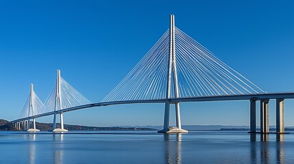 Naklejka premium Modern cable-stayed bridge spanning a serene body of water. The bridge's white concrete towers and cables stretch towards a clear blue sky, reflecting on the calm water below