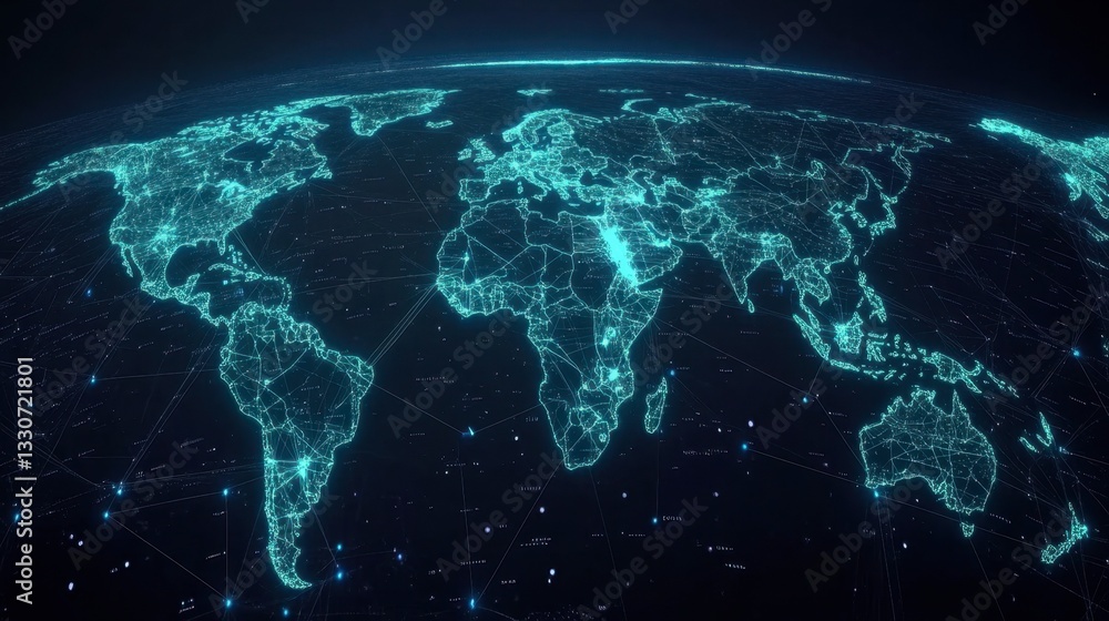 Poster vector illustration of a digital world map with glowing blue data nodes and connection lines.