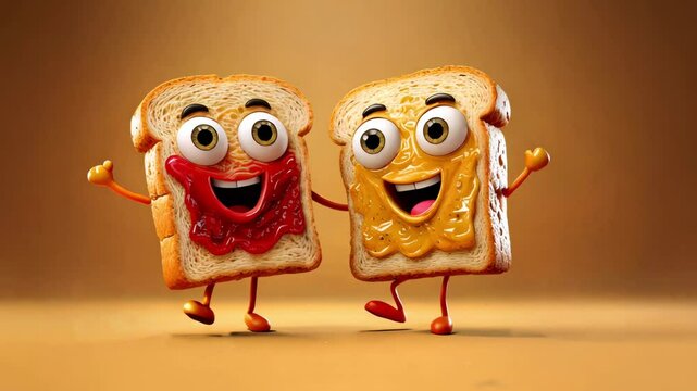 Cute Cartoon Peanut Butter and Jelly Sandwich with Big Eyes Dancing on a Yellow Background. Seamless Loop