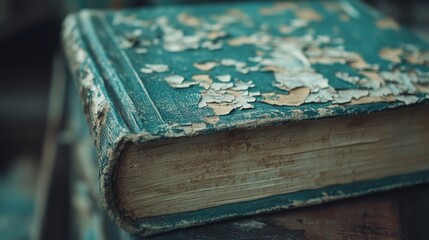 An antique book with peeling teal cover reveals aged pages
