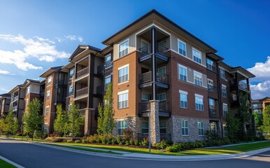 Modern apartment building with blue sky and lush landscaping, showcasing contemporary architecture and urban living environment in a vibrant community setting
