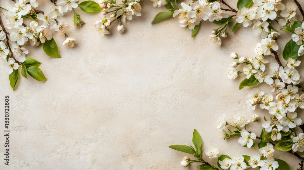 Poster Cherry tree blossom branches forming a frame on beige textured background with copy space in the center