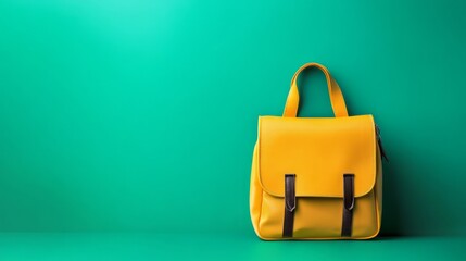 Classic yellow school backpack on vibrant green background, stylish and minimalist education-themed illustration for back-to-school concepts, student essentials, and modern academic supplies