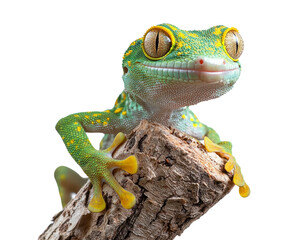 Colorful Green Gecko Resting on a Wooden Log in Natural Habitat