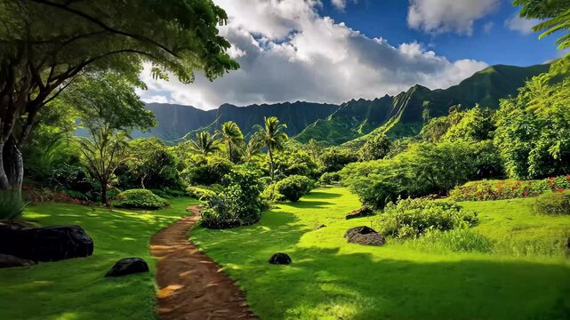 Exploring the lush green Waimea Valley with magnificent mountain views and a serene waterfall, Aerial Waimea valley lush green mountain waterfall Kauai