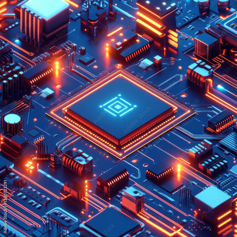Poster glowing circuit board with blue and orange lines highlighting central processor