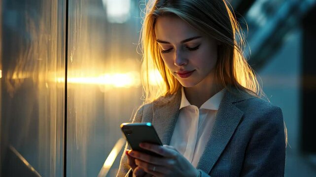 Focused businesswoman reviews financial data on her smartphone in an urban setting during dusk, financial data processing over caucasian businesswoman in office - Powered by Adobe