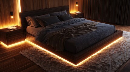 A luxurious bedroom with a dark wood bed and bedside tables, each featuring glowing LED lights that softly illuminate the fabric and wooden surfaces