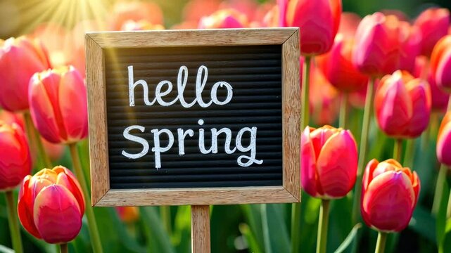 A "Hello Spring" sign stands in a field of blooming red tulips under a bright sun. Concept of: Seasonal greeting.