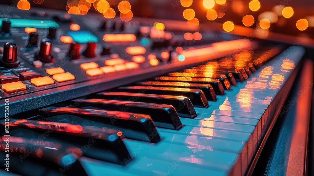Poster close-up of a synthesizer keyboard with colorful lights.