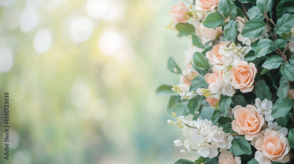 Poster peach and white roses create a beautiful contrast against a blurred green background, adding a touch