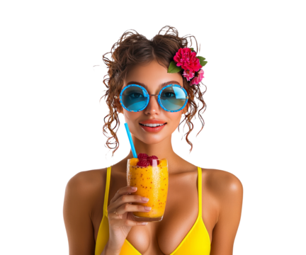 Young woman with tropical drink and sunglasses in summer attire