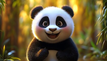 Fototapeta premium Adorable Cartoon Panda in Forest Setting with Warm Light