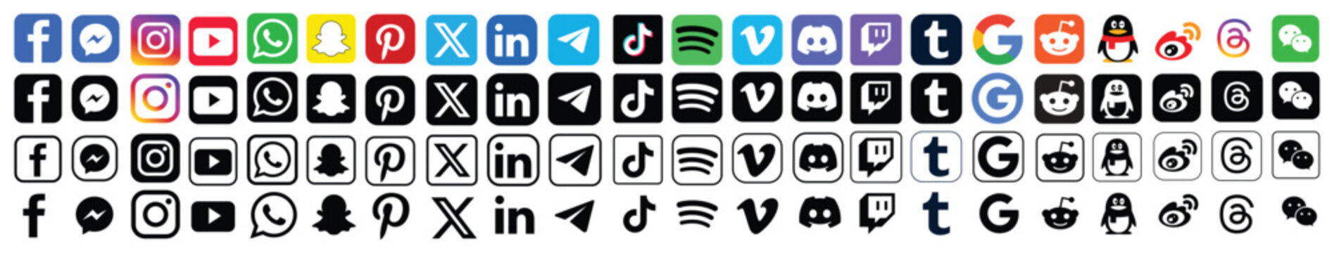 Social media icon set or social network logos like,  Facebook, Twitter, X, Instagram, YouTube, Snapchat, Pinterest, WhatsApp, LinkedIn, TikTok, Spotify, Vimeo, Reddit, WeChat, Messenger, Telegram