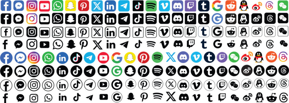 Social media icon set or social network logos like, Facebook, Twitter, X, Instagram, YouTube, Snapchat, Pinterest, WhatsApp, LinkedIn, TikTok, Spotify, Vimeo, Reddit, WeChat, Messenger, Telegram