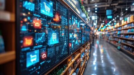 Digital displays showcasing sales data and shopping cart icons in a modern supermarket aisle.