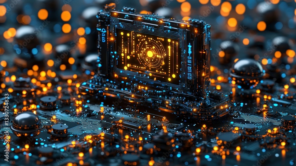 Poster futuristic digital device with glowing screen on circuit board.