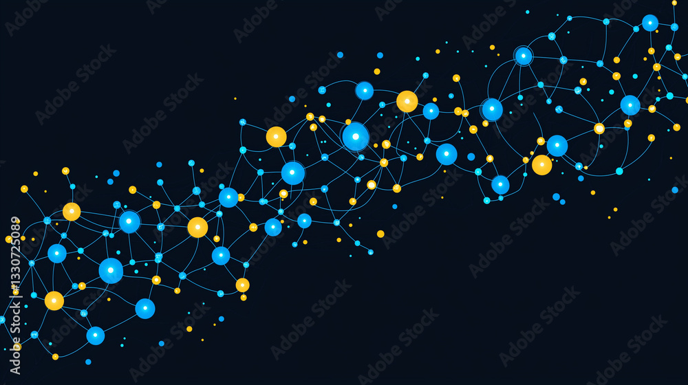 Aufkleber network of innovation: abstract visual of interconnected blue and yellow nodes, representing a compl