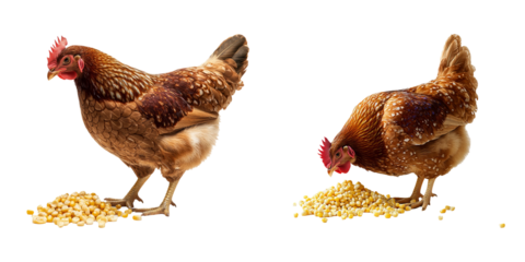 Chickens foraging on grain, two side views with vibrant colors