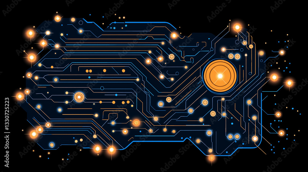Poster cybernetic circuitry: a detailed graphic representation of a cybernetic circuit board glows with int