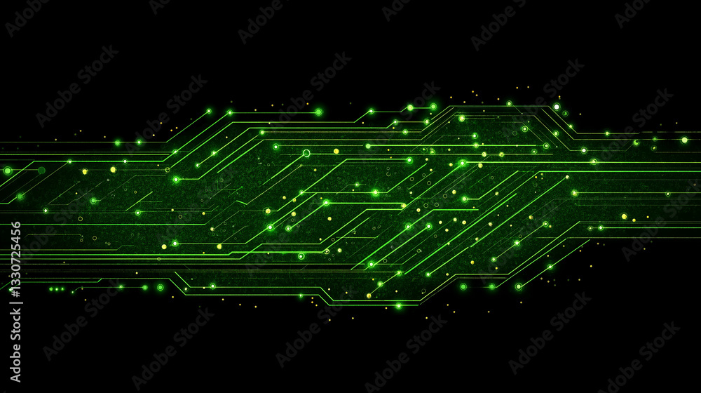 Poster digital circuit: a mesmerizing circuit board design glows with an intricate network of green light, 