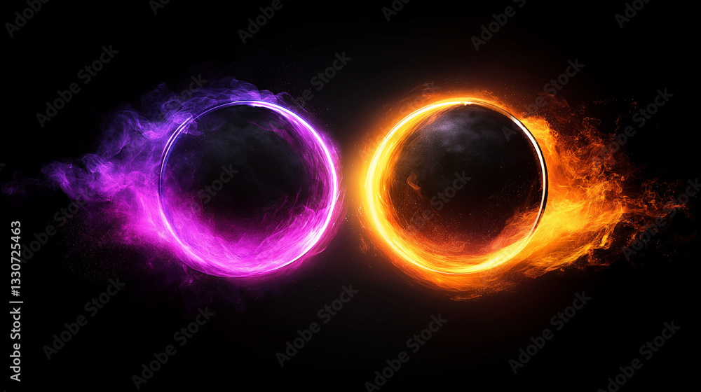 Poster cosmic duality: an artistic rendering of two celestial orbs, one ablaze with fiery energy and the ot