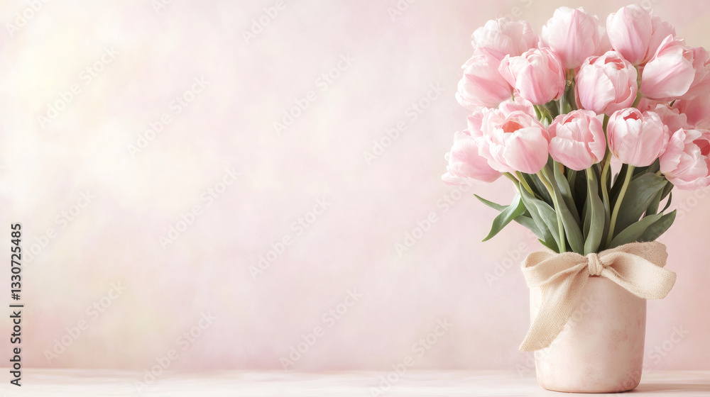 Poster light pink double tulips in a vase decorated with a bow on a pink background with copy space