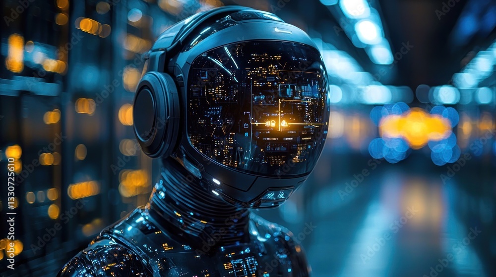 Poster futuristic robot in data center.