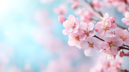 Fototapeta premium Beautiful pink cherry blossoms blooming on a tree branch against a soft blue sky, capturing the essence of spring and renewal