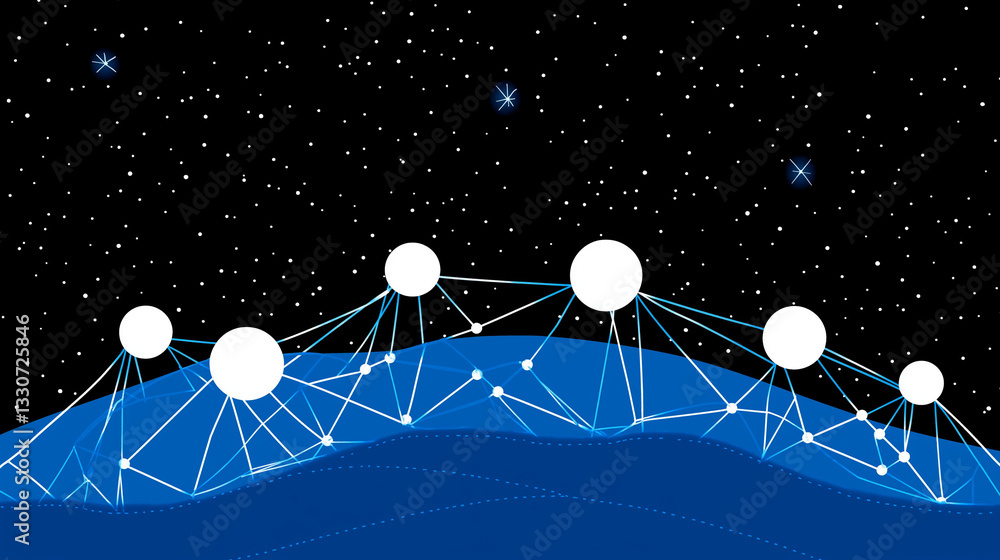 Poster network constellation: an abstract representation of interconnected nodes forming a network, set aga