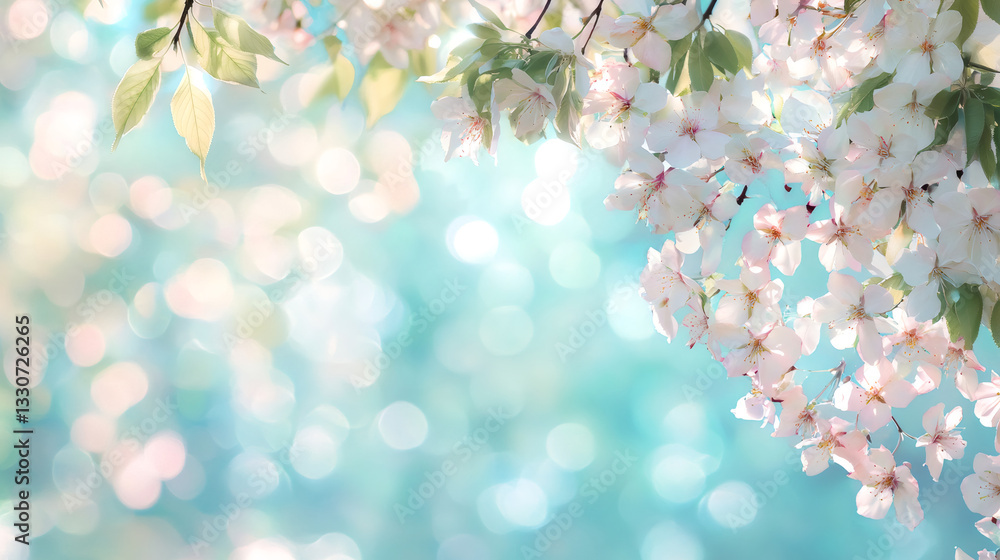 Poster white cherry tree flowers blooming on branch with blurred bokeh background in spring time