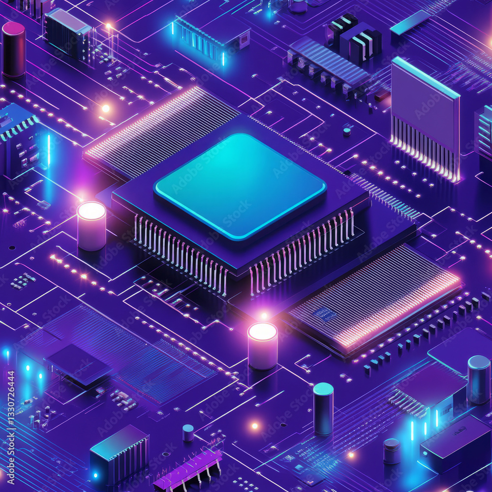 Poster glowing blue circuit board with central processor in a futuristic technological setting