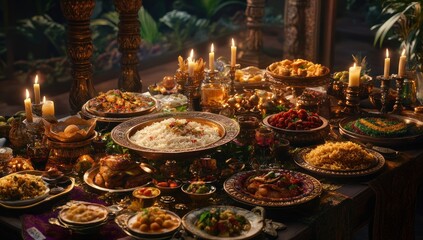 Fototapeta premium A Lavish Feast: An opulent table laden with exotic dishes, illuminated by candlelight, creating a magical and rich atmosphere.