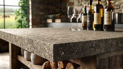 Rustic kitchen countertop with a speckled granite-like finish.  Wooden cabinets and wine bottles add to the ambiance