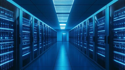 3D render of a data center with rows of computer servers in a dark blue color theme