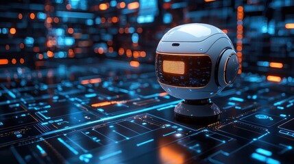 Futuristic robot head on digital circuit board.