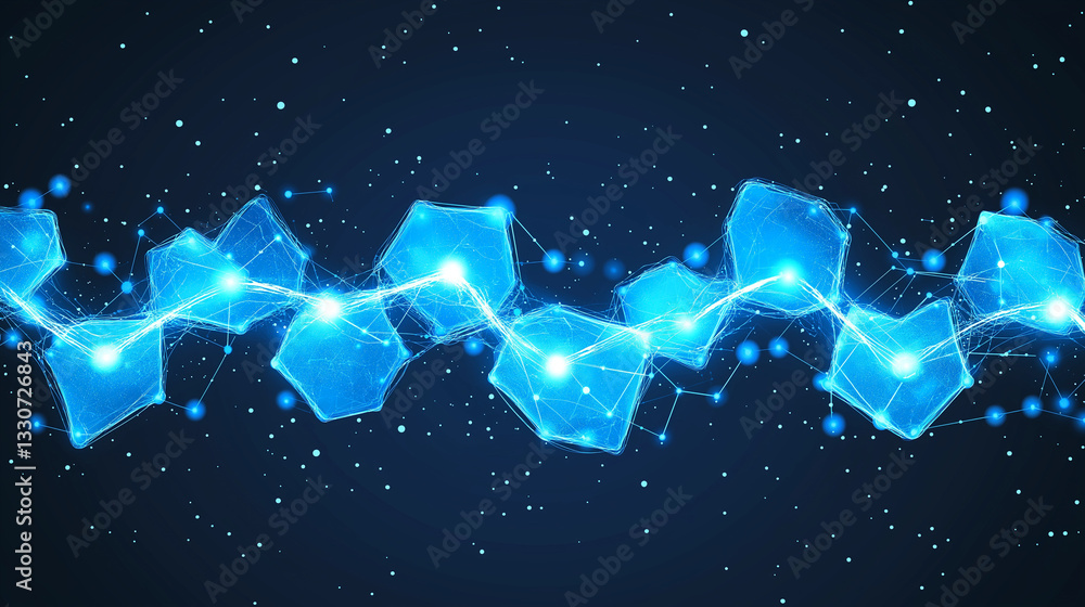 Poster data stream of light: abstract illustration of glowing blue data cubes interconnected with bright li