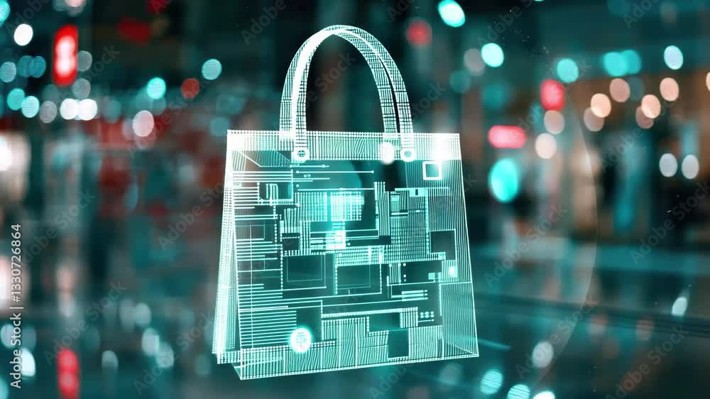 Poster data processing visualized over a shopping bag in a modern retail environment, data processing over 