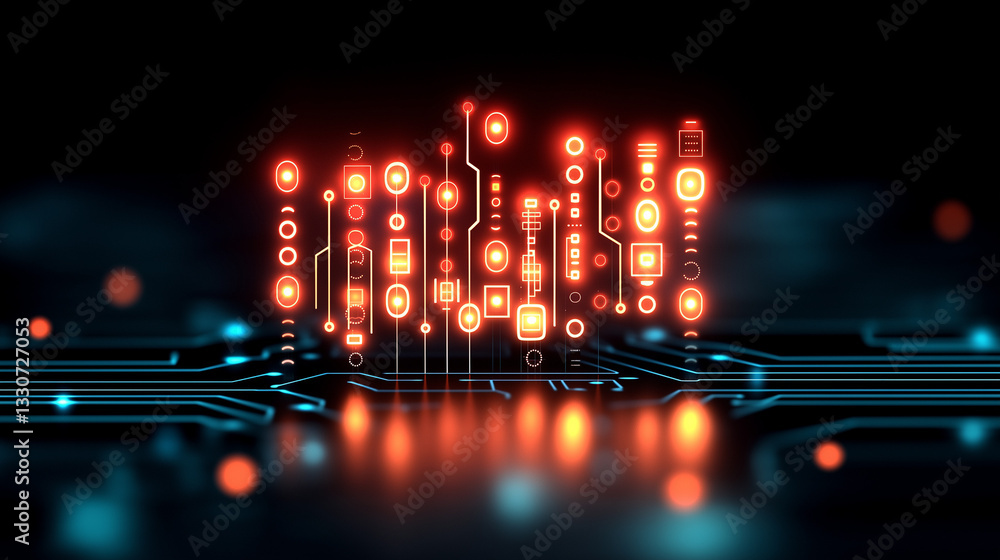 Poster circuit board: a dynamic and intricate illuminated circuit board, the photo captures the essence of 