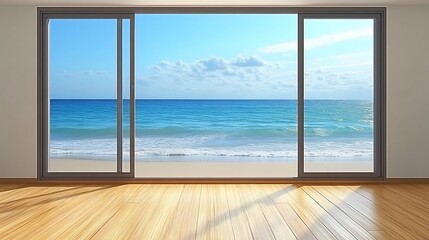Fototapeta premium Seascape view through a glass door, interior design with coastal style and wooden floor