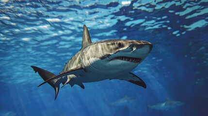 Obraz premium Majestic Great White Shark Swimming Underwater in the Deep Blue Ocean with Sunlight Rays Filtering Through the Surface