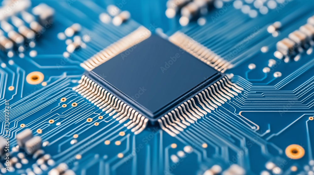 Poster tech's core: a close-up shot of a sophisticated computer circuit board, showcasing intricate pathway
