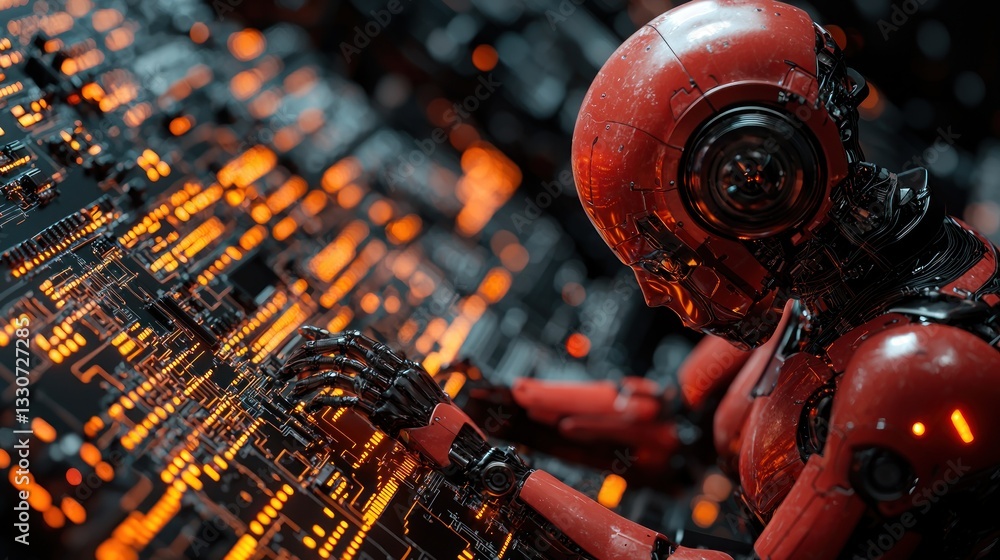 Poster red robot working on glowing circuit board.