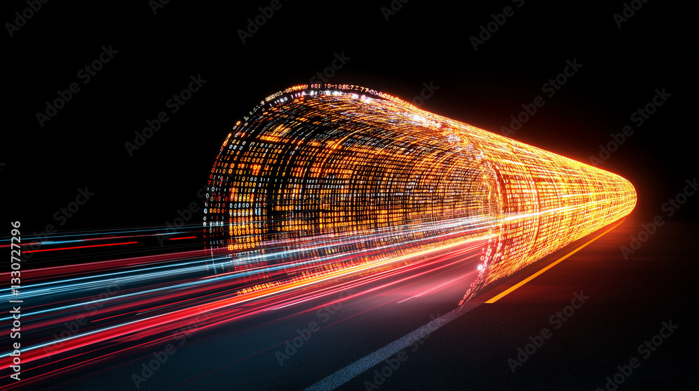 Poster digital tunnel of light: a captivating visual of a futuristic digital tunnel, ablaze with streams of