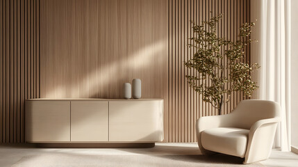 Minimalist Modern Living Room Interior Design with Light Wood Accents and Comfortable Armchair