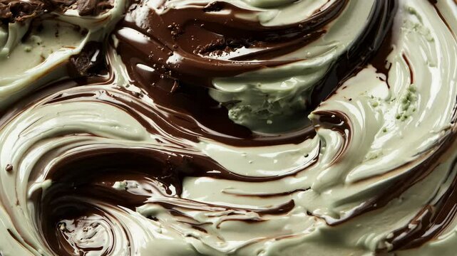 Delicious swirls of mint chocolate ice cream reveal tempting textures and rich flavors in a mesmerizing scene