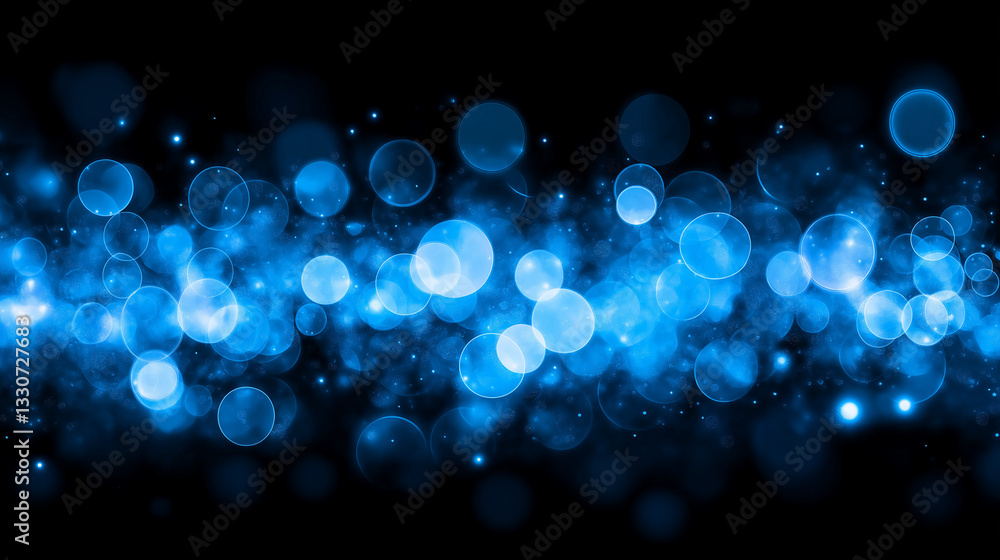 Poster celestial dance of light: an ethereal composition of glowing, blue orbs and bokeh effects, creating 