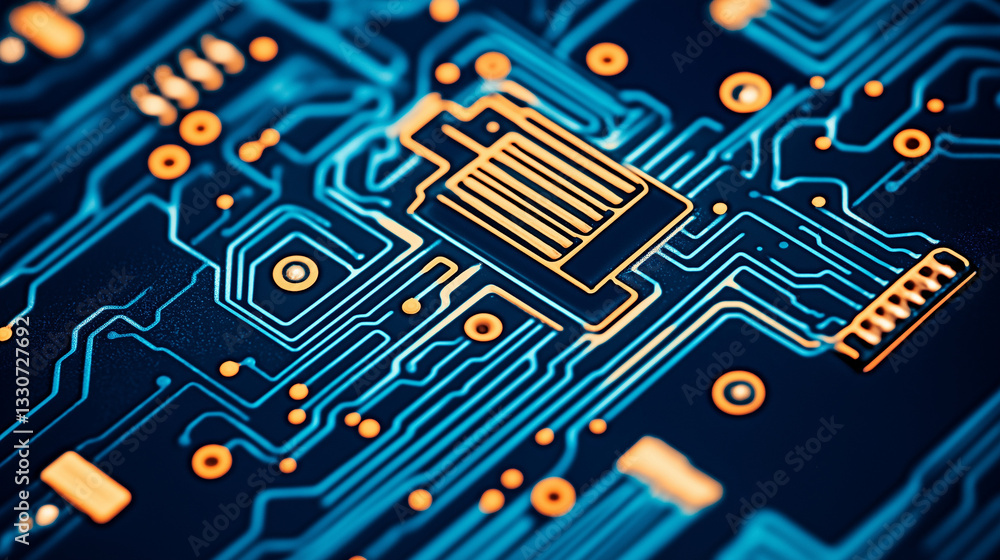 Poster circuit board's core: the vibrant intricacies of a modern circuit board with illuminated pathways an
