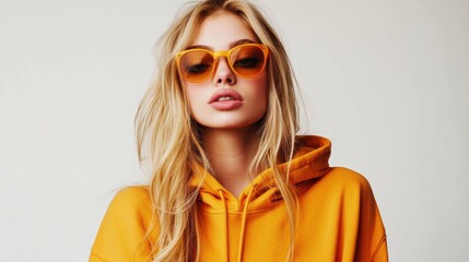Blonde woman in orange hoodie and sunglasses